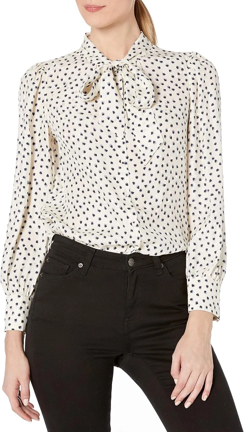 Rebecca Taylor Women's Long Sleeve Blurry Heart Silk Button Down Top, Snow Combo