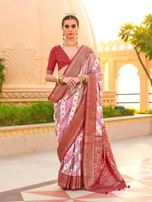 Red & Off-White Silk Foil Print Design Saree For Any Occasion