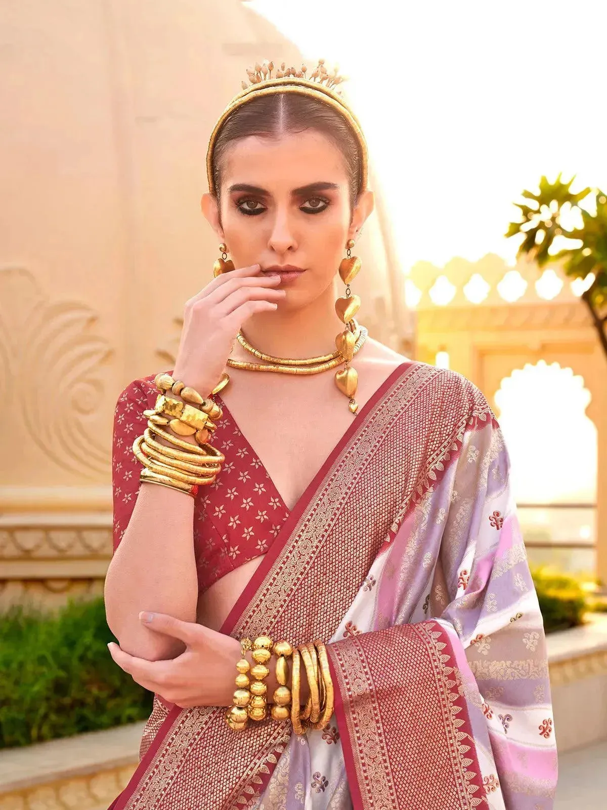 Red & Off-White Silk Foil Print Design Saree For Any Occasion