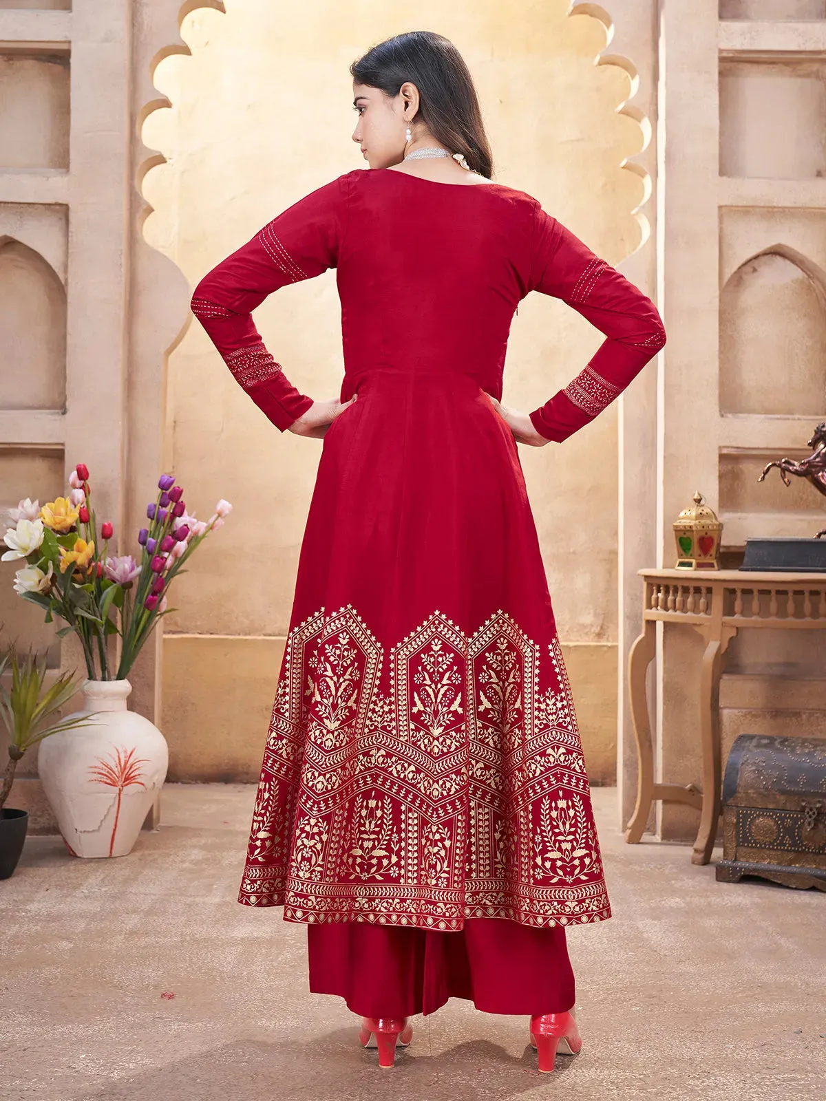Red Designer Foil Print Kurti Set with Mirror Work