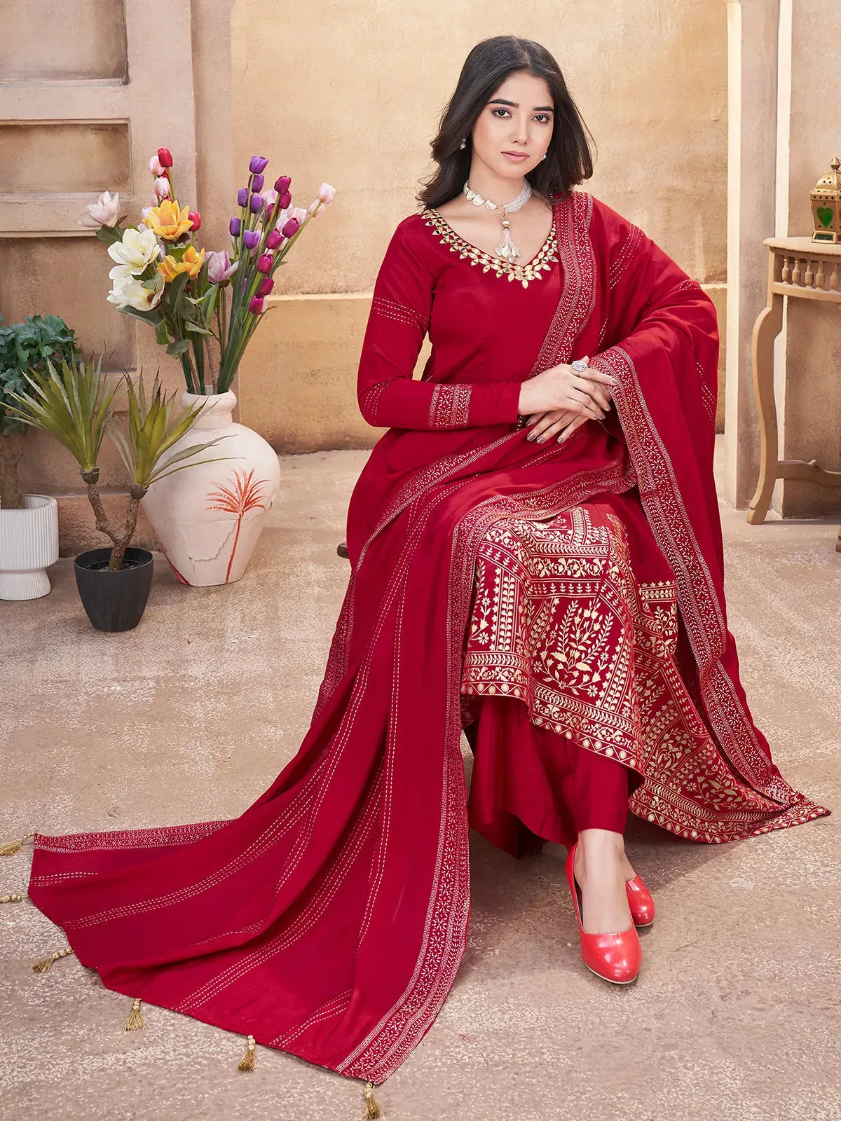 Red Designer Foil Print Kurti Set with Mirror Work