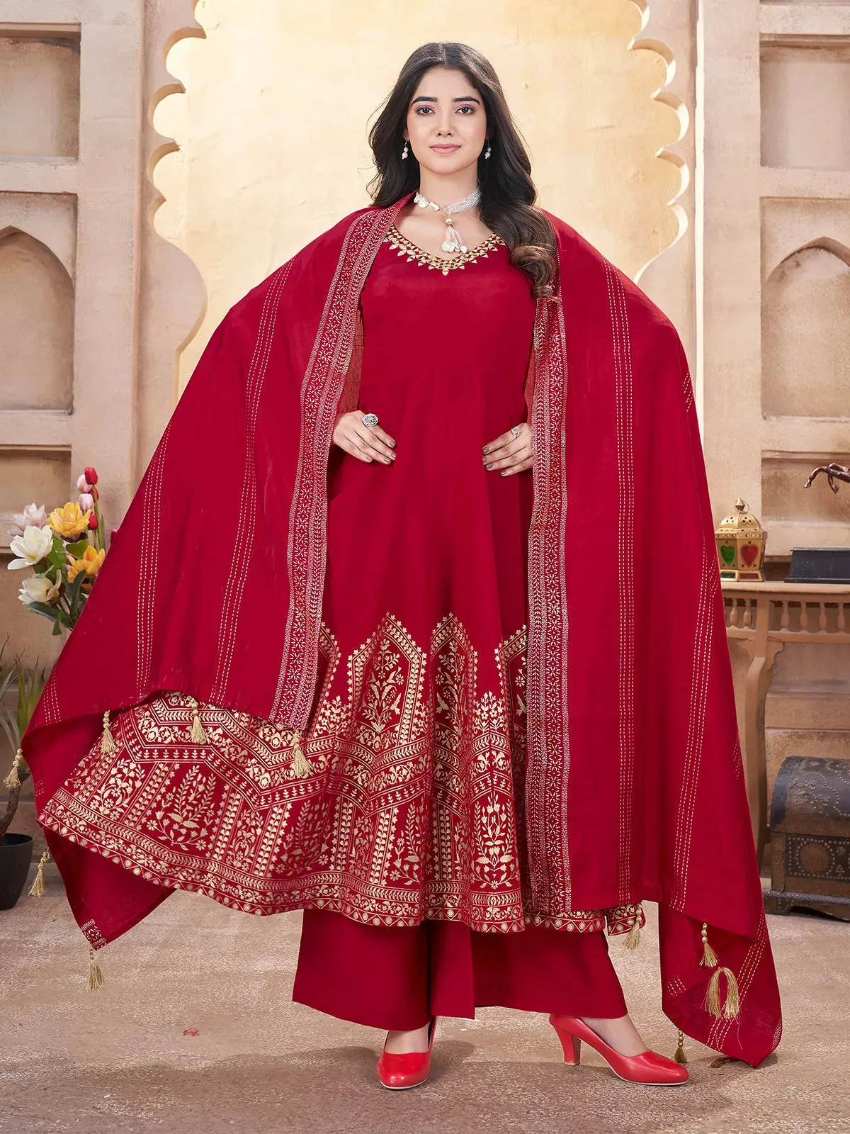 Red Designer Foil Print Kurti Set with Mirror Work