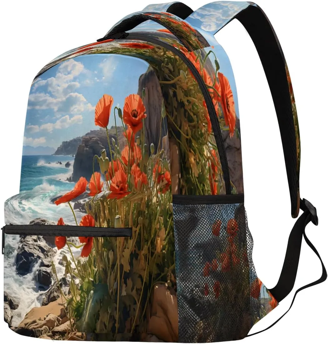 Red Flowers Laptop Backpack for Adult Women Men Atlantic Coast Casual Daypack with Compartment & Multiple Pockets Book Bags Travel Bag