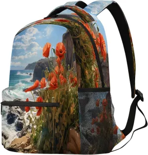 Red Flowers Laptop Backpack for Adult Women Men Atlantic Coast Casual Daypack with Compartment & Multiple Pockets Book Bags Travel Bag