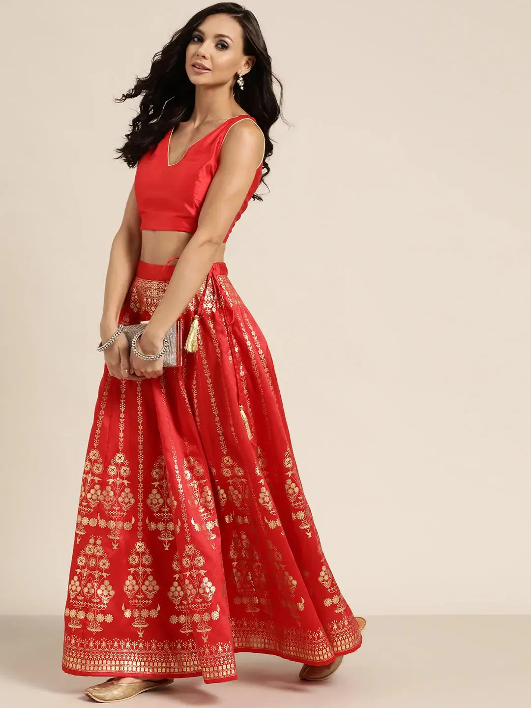 Red Foil Print Anarkali Skirt