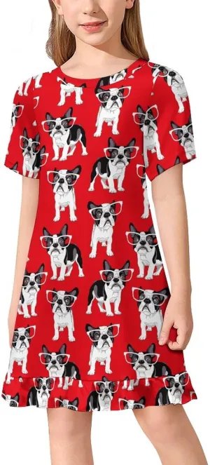 Red French Bulldog Girls' Short Sleeve Summer Dress Kids Crewneck Loose Casual Dresses 120CM
