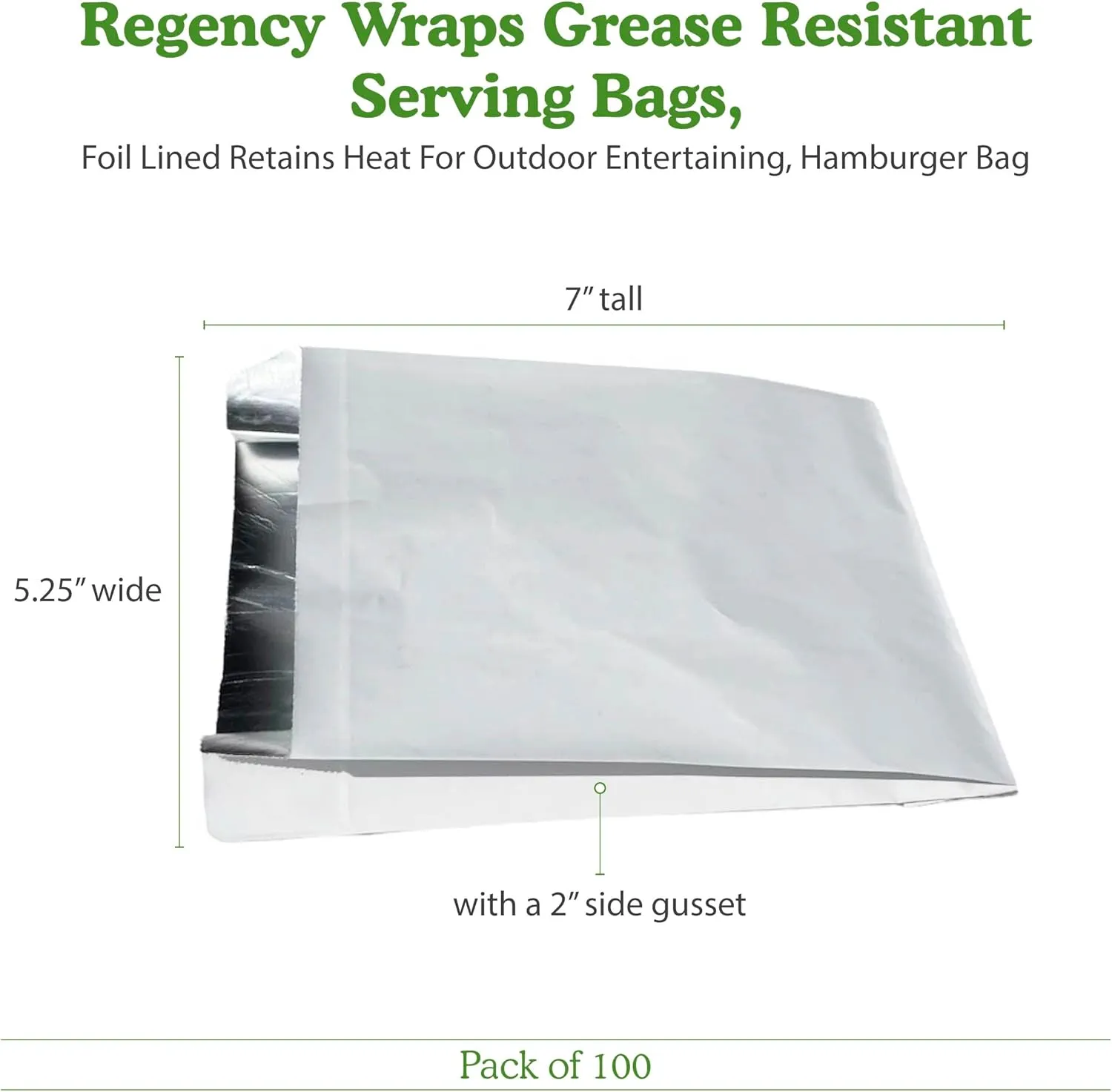 Regency Wraps Grease Resistant Snack Serving Bags, Foil Lined, Pack of 100 For Burgers, Sandwiches, Panini's, Pitas, Insulated to Keep food Warm