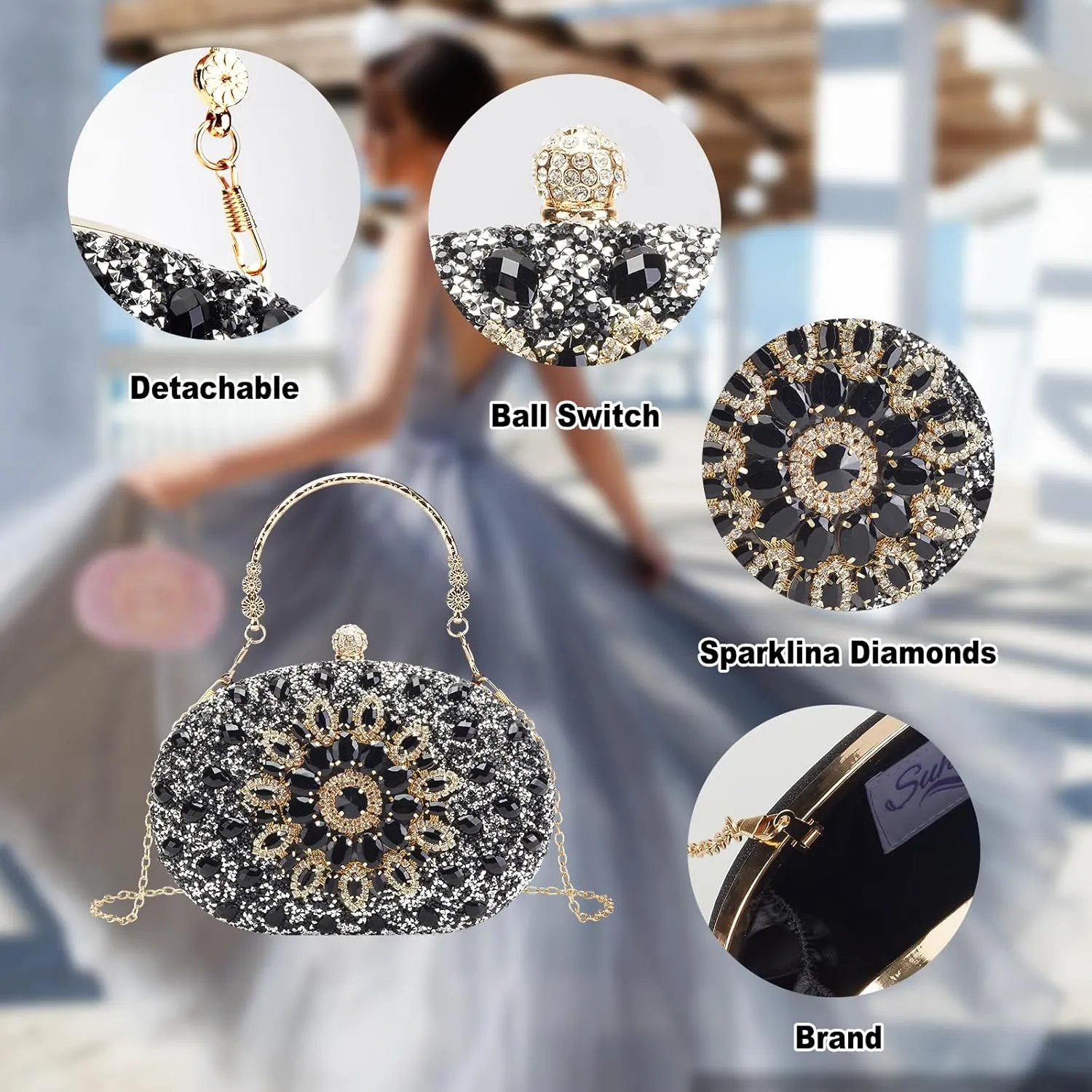 Rhinestone Evening Clutch Purses for Women Evening Weddings,Party Purses Crystal Diamond Glitter Sparkly Handbag