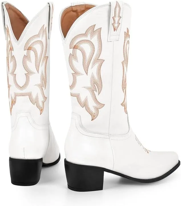 richealnini Women's Cowgirl Cowboy Boots Pull On Tab Embroidered Mid Calf Booties Western Boots in Denim