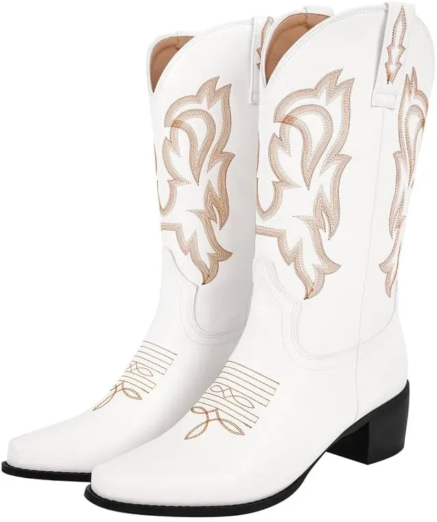 richealnini Women's Cowgirl Cowboy Boots Pull On Tab Embroidered Mid Calf Booties Western Boots in Denim