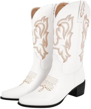 richealnini Women's Cowgirl Cowboy Boots Pull On Tab Embroidered Mid Calf Booties Western Boots in Denim