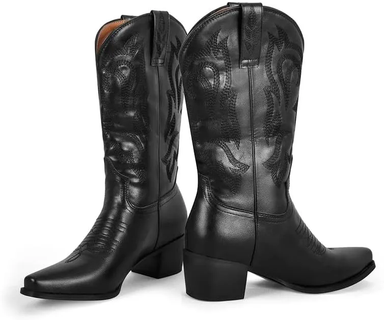 richealnini Women's Cowgirl Cowboy Boots Pull On Tab Embroidered Mid Calf Booties Western Boots in Denim