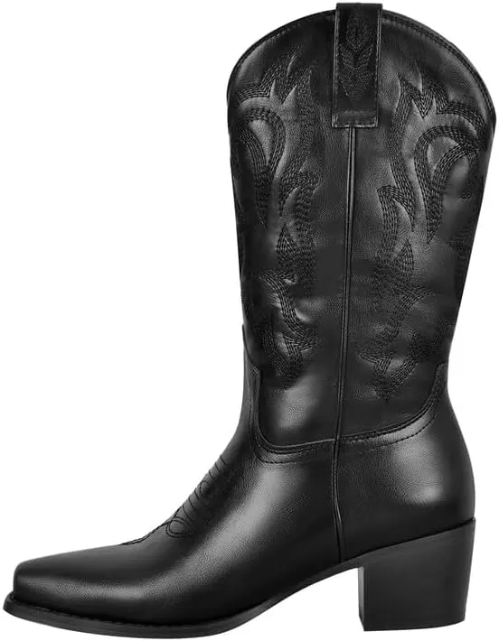richealnini Women's Cowgirl Cowboy Boots Pull On Tab Embroidered Mid Calf Booties Western Boots in Denim