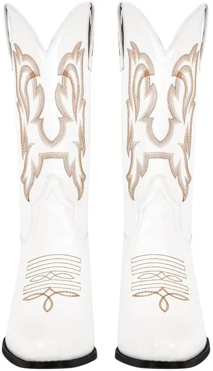 richealnini Women's Cowgirl Cowboy Boots Pull On Tab Embroidered Mid Calf Booties Western Boots in Denim