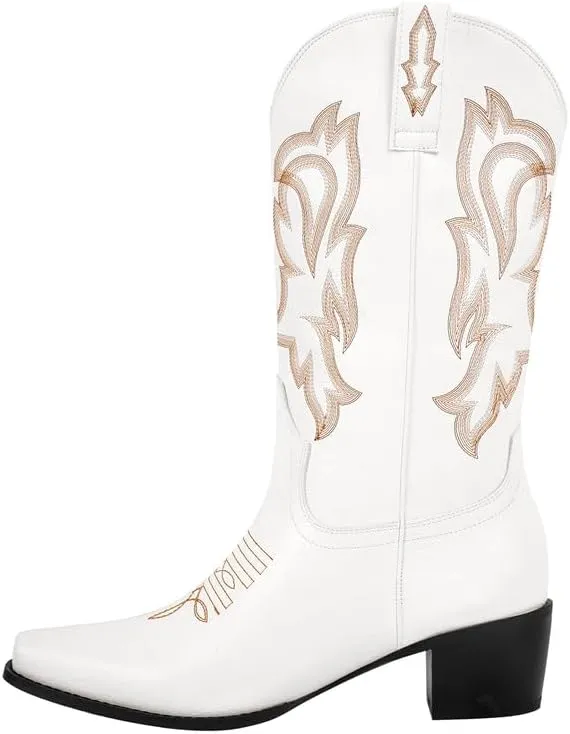 richealnini Women's Cowgirl Cowboy Boots Pull On Tab Embroidered Mid Calf Booties Western Boots in Denim