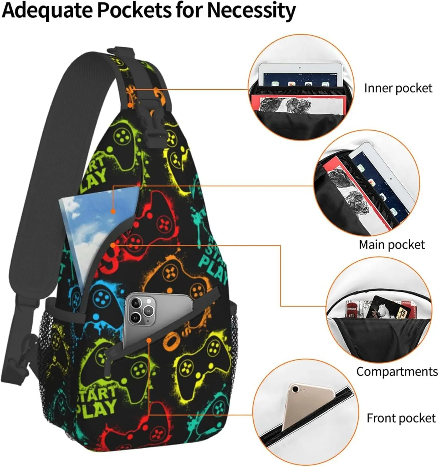RIMENCH Large Capacity Crossbody Sling Backpack Sling Bag for Women Men Multipurpose Travel Essentials Cross Body Bag (Video Game Weapon cool pattern)