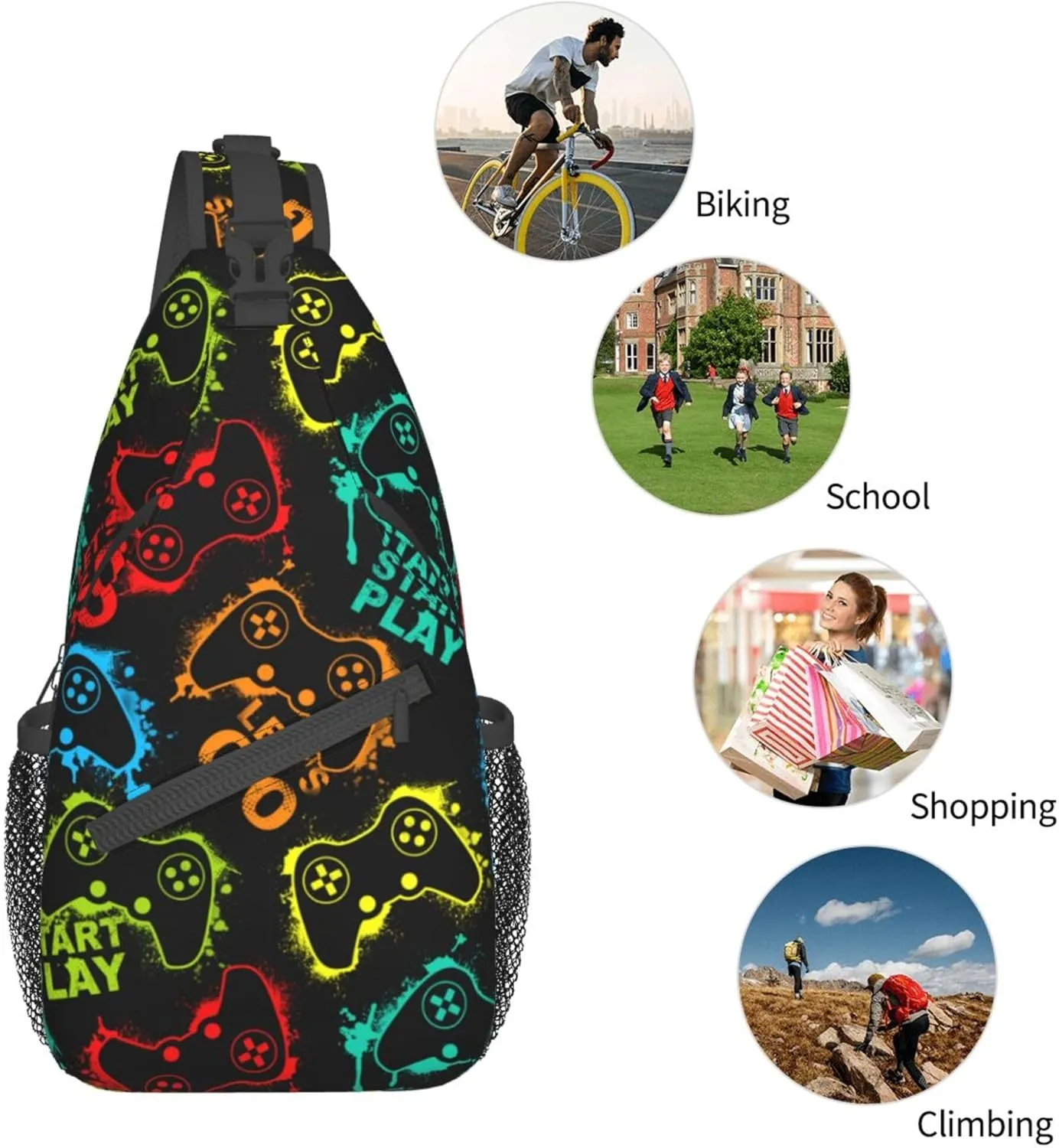 RIMENCH Large Capacity Crossbody Sling Backpack Sling Bag for Women Men Multipurpose Travel Essentials Cross Body Bag (Video Game Weapon cool pattern)