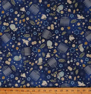 Robert Kaufman Cotton Hanukkah Jewish Holiday Christmas Candlestick Presents Stars of Lights Blue Cotton Fabric Print by The Yard (SRKM-21735-9-NAVY)