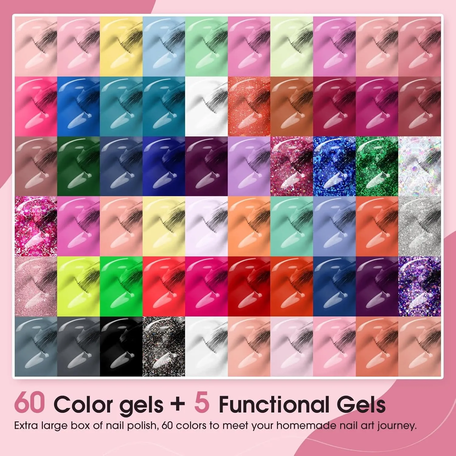 ROSALIND 65PCS Gel Nail Polish Set, 60 Colors Glitter Red Gel Polish with 5 Bottles of Base and Glossy Matte Top Coat Soak off Nail Set Suitable for All Seasons
