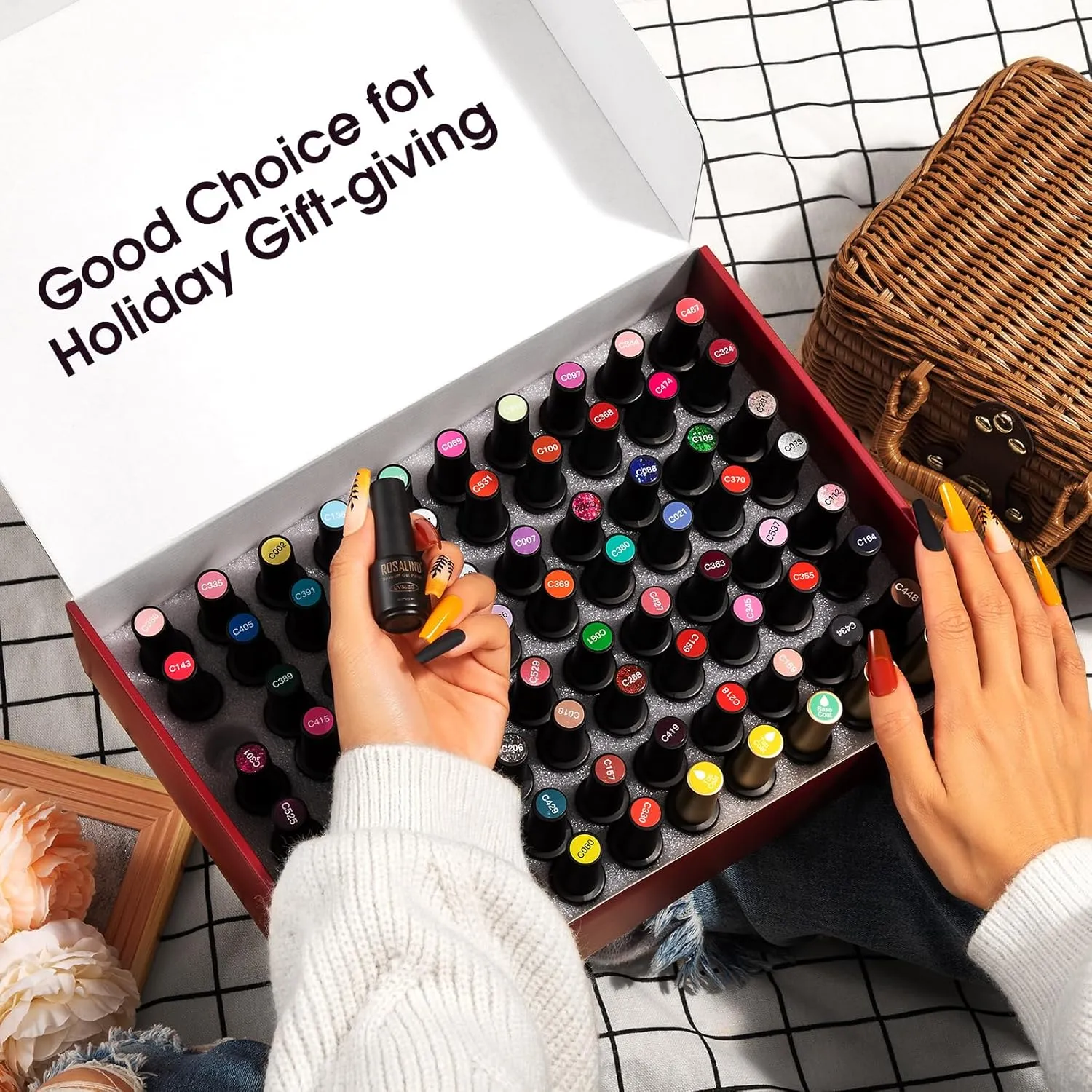 ROSALIND 65PCS Gel Nail Polish Set, 60 Colors Glitter Red Gel Polish with 5 Bottles of Base and Glossy Matte Top Coat Soak off Nail Set Suitable for All Seasons