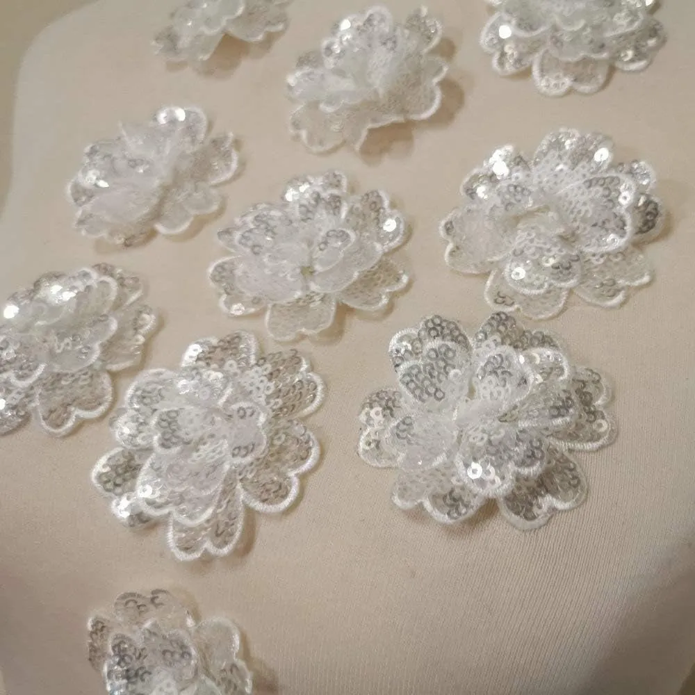 Rose Sequin Embroidered Three-Dimensional Lace Collar Flower Corsage Neckline DIY Applique Clothing Patch Lace Accessories (10 Pc Small White)