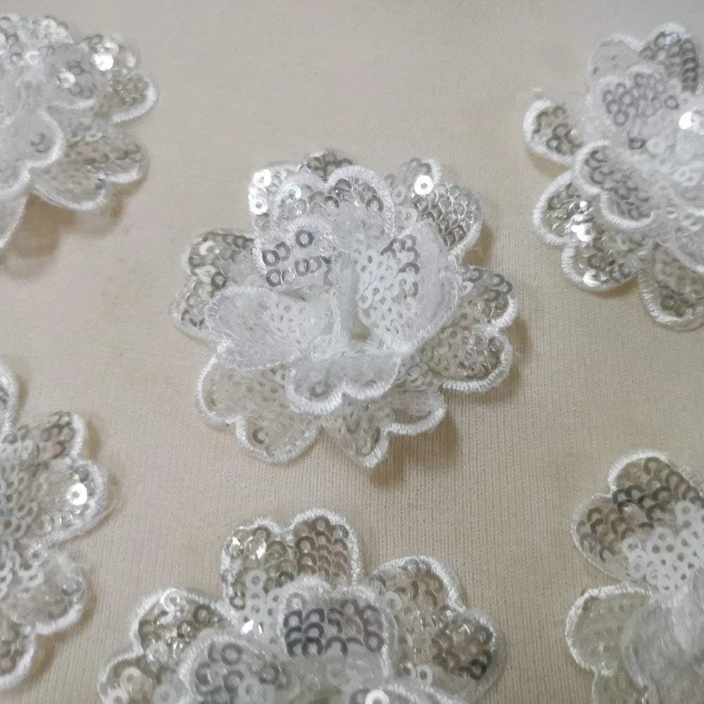 Rose Sequin Embroidered Three-Dimensional Lace Collar Flower Corsage Neckline DIY Applique Clothing Patch Lace Accessories (10 Pc Small White)