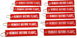 Rotary13B1 REMOVE BEFORE FLIGHT - Key Chains/Jet Tags - White Embroidered Letters on Red Canvas Fabric - 1 inch x 5 inches, QTY = 10 pieces
