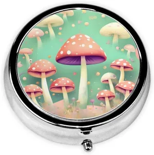 Round Mini Pill Box, 3 partitions, Portable Pill Box, can be Put into Wallet, Pocket, Light and Convenient Dream Mushroom Pattern