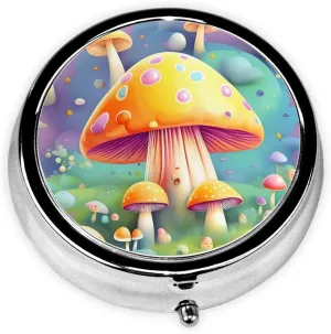 Round Mini Pill Box, 3 partitions, Portable Pill Box, can be Put into Wallet, Pocket, Light and Convenient Fantasy Dream Mushroom Pattern