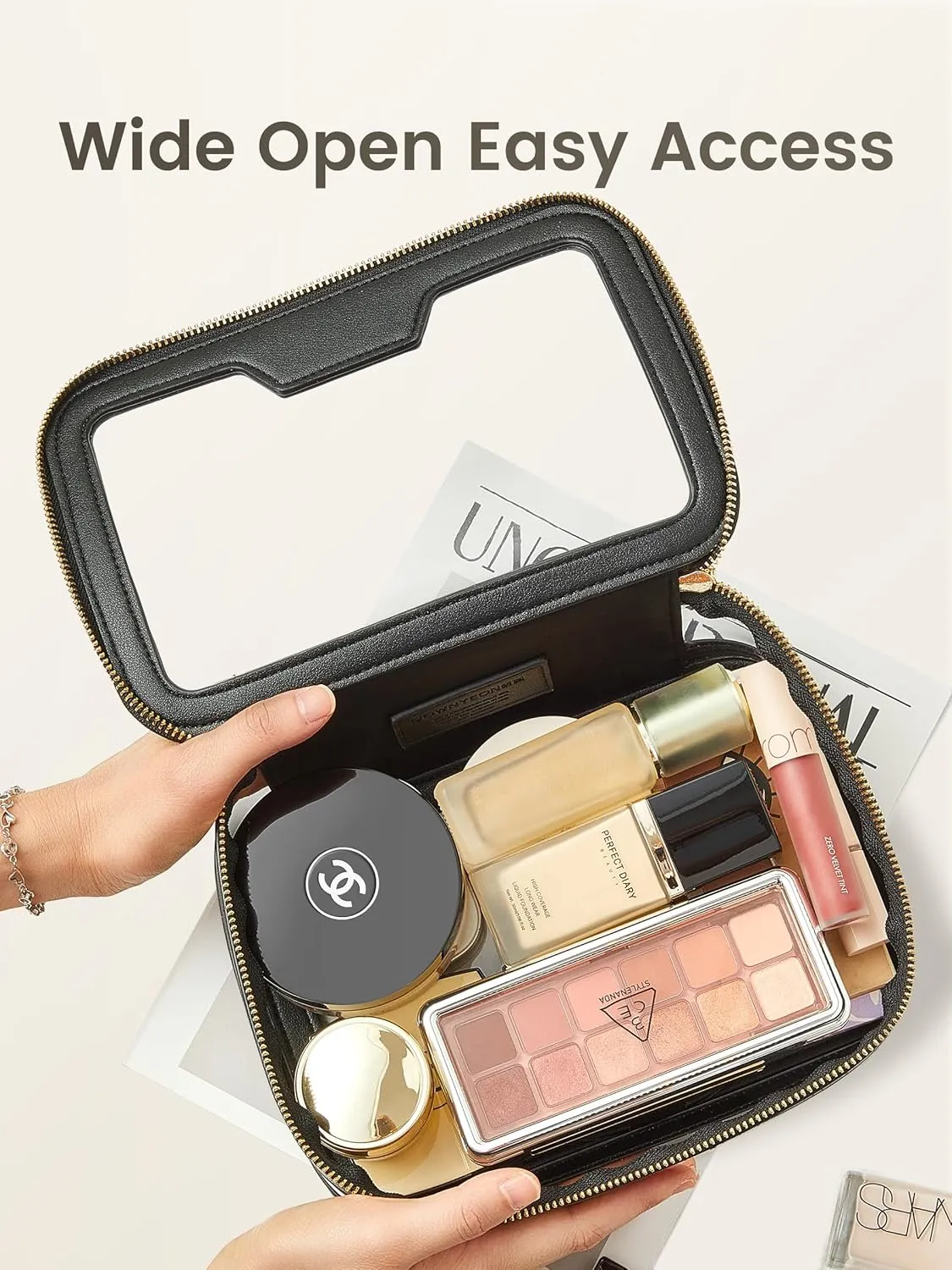 ROWNYEON Clear Makeup Bag,PVC Clear Toiletry Bag For Women,Waterproof Faux Leather Travel Makeup Bag with Handle Large Opening & Gold Zippers,Car Essentials for Women Gift