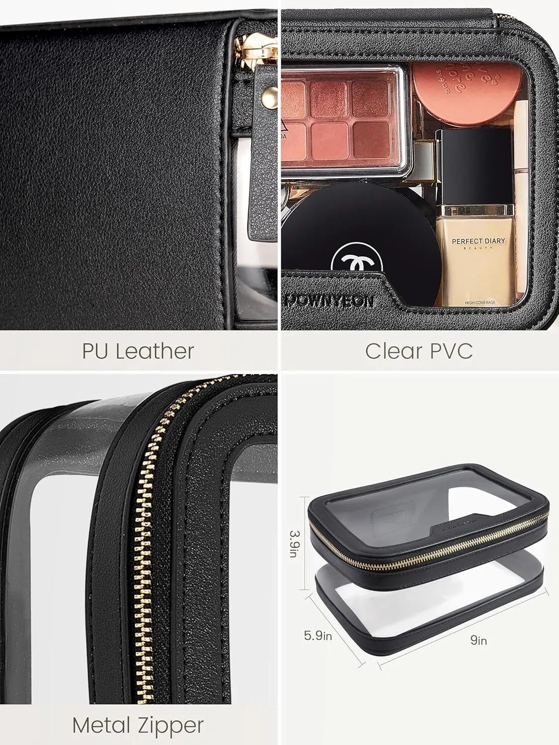 ROWNYEON Clear Makeup Bag,PVC Clear Toiletry Bag For Women,Waterproof Faux Leather Travel Makeup Bag with Handle Large Opening & Gold Zippers,Car Essentials for Women Gift