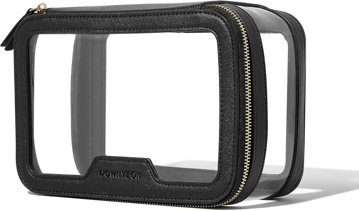 ROWNYEON Clear Makeup Bag,PVC Clear Toiletry Bag For Women,Waterproof Faux Leather Travel Makeup Bag with Handle Large Opening & Gold Zippers,Car Essentials for Women Gift