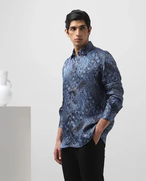 Royal Blue Cupro Silk Printed Full Sleeve Men's Slim Fit Shirt