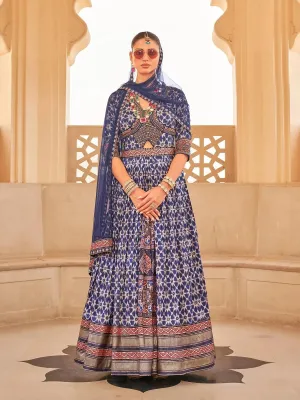 Royal Blue Patola Silk Anarkali Gown choli Suit With Net Dupatta for weeding & Party Reception
