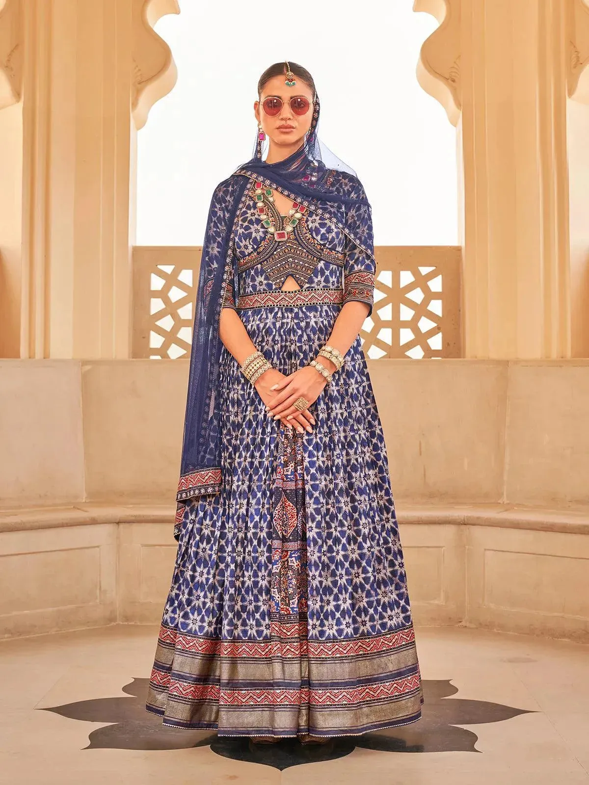 Royal Blue Patola Silk Anarkali Gown choli Suit With Net Dupatta for weeding & Party Reception