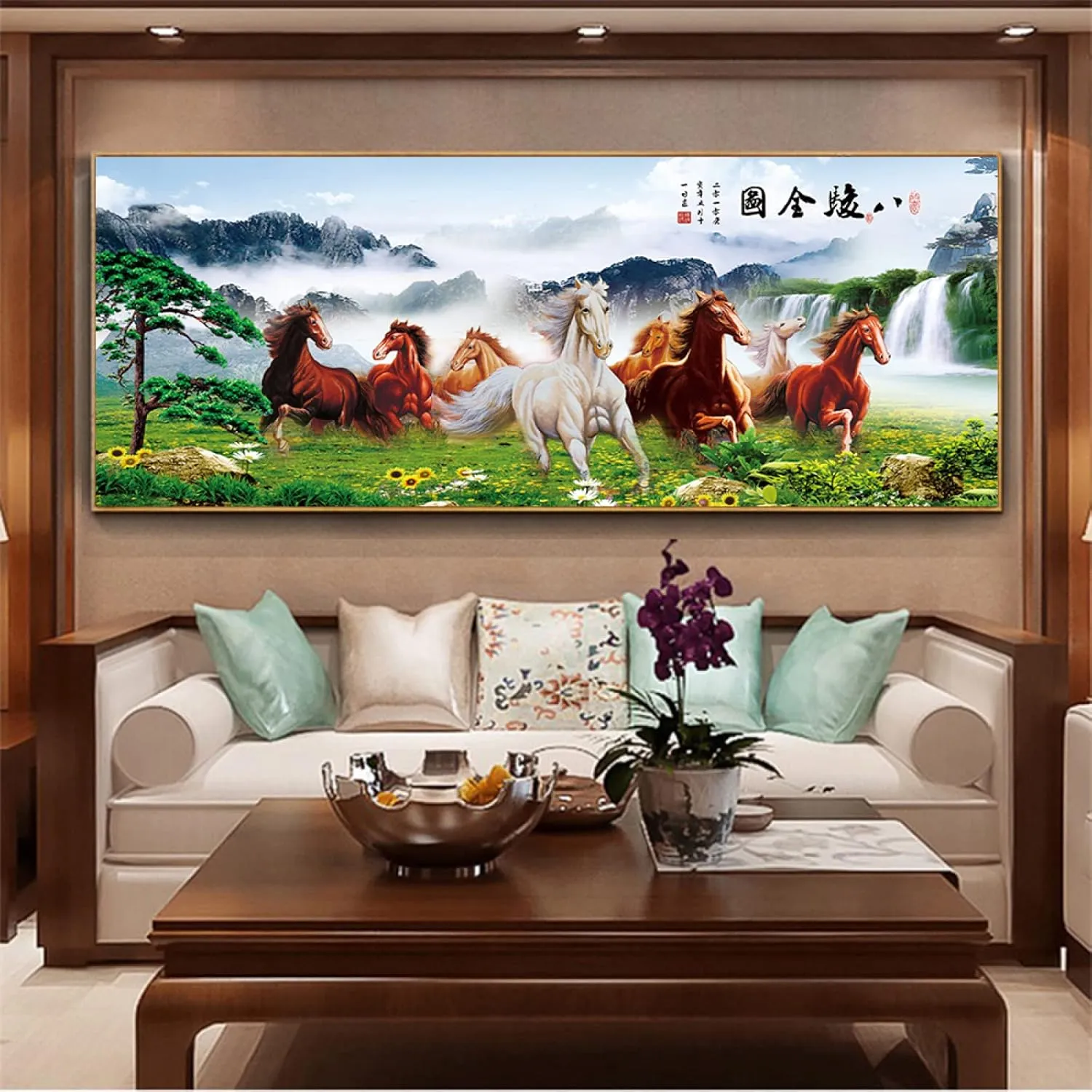 Rrayer Art 3d Canvas Print Eight Steed Horses Green Grassland Running Mountains Waters White Clouds Waterfalls Welcoming Guests Pine Sunflowers 23.6x47.2inch Innerframe