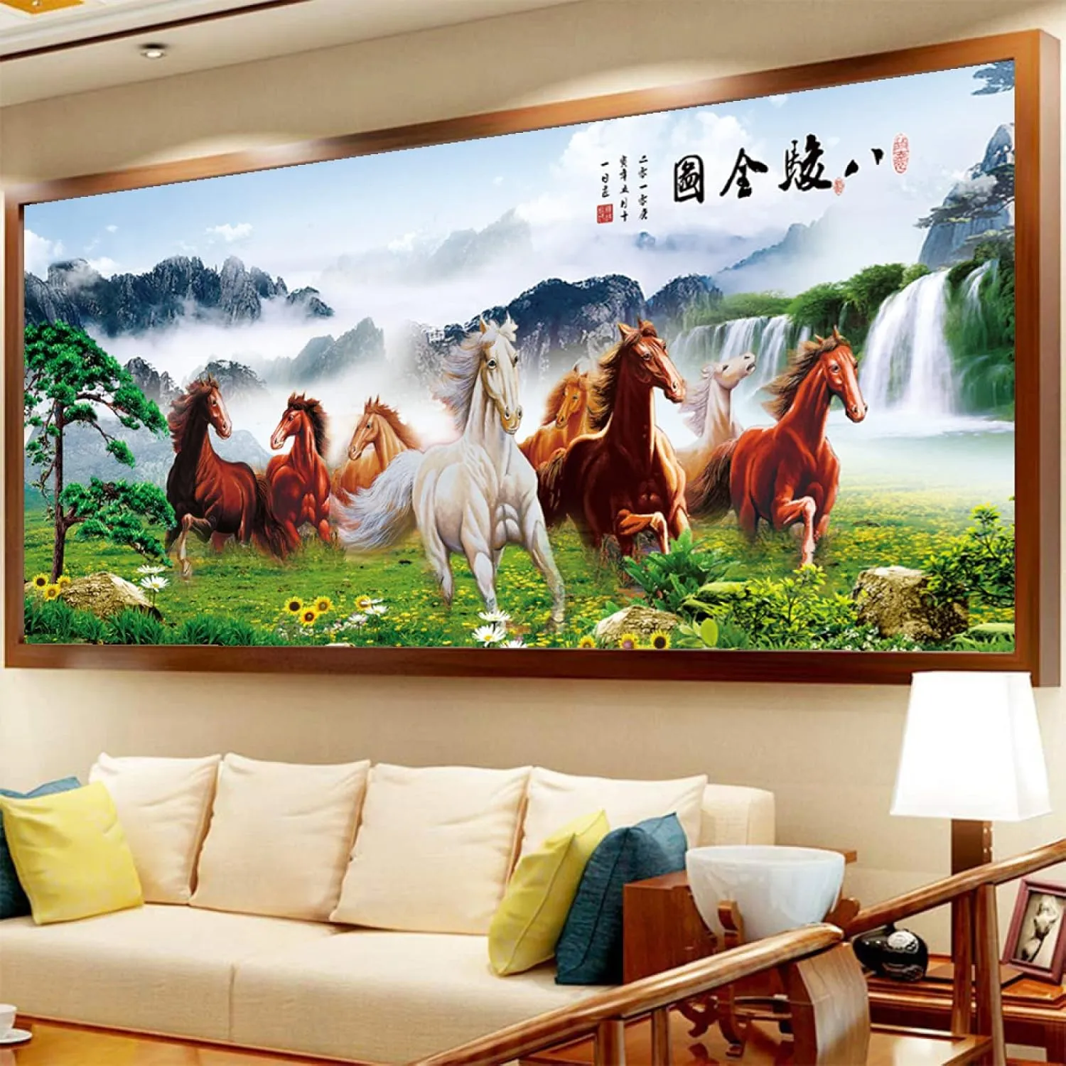 Rrayer Art 3d Canvas Print Eight Steed Horses Green Grassland Running Mountains Waters White Clouds Waterfalls Welcoming Guests Pine Sunflowers 23.6x47.2inch Innerframe