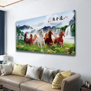 Rrayer Art 3d Canvas Print Eight Steed Horses Green Grassland Running Mountains Waters White Clouds Waterfalls Welcoming Guests Pine Sunflowers 23.6x47.2inch Innerframe