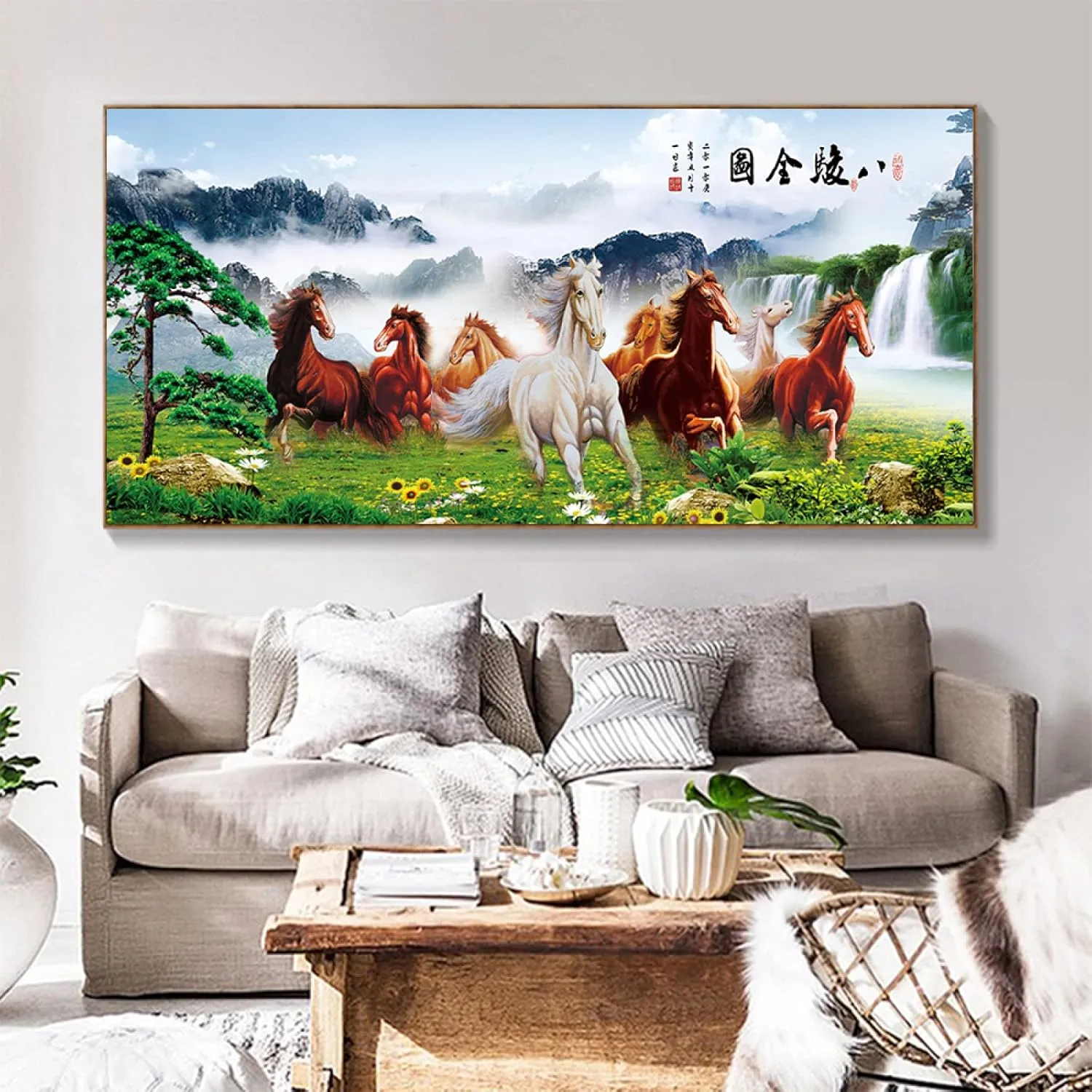 Rrayer Art 3d Canvas Print Eight Steed Horses Green Grassland Running Mountains Waters White Clouds Waterfalls Welcoming Guests Pine Sunflowers 23.6x47.2inch Innerframe