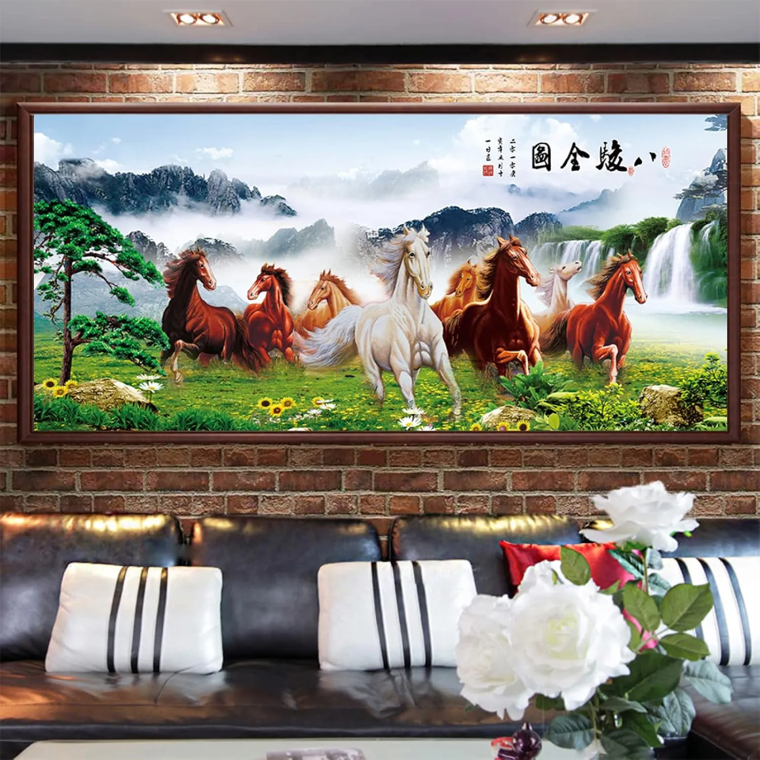 Rrayer Art 3d Canvas Print Eight Steed Horses Green Grassland Running Mountains Waters White Clouds Waterfalls Welcoming Guests Pine Sunflowers 23.6x47.2inch Innerframe