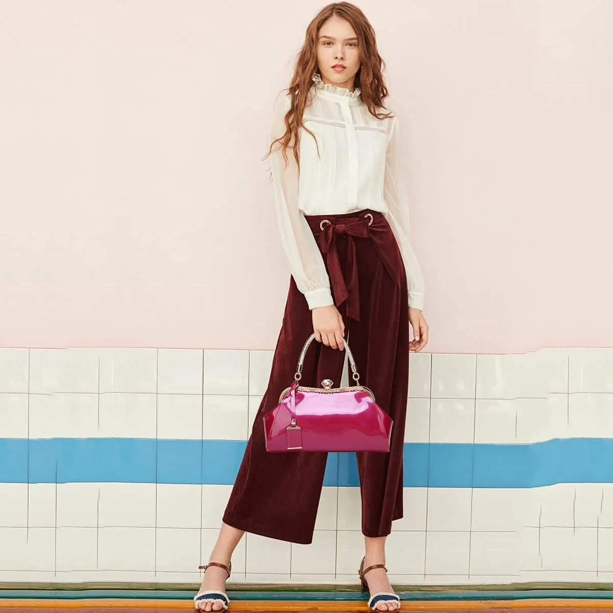 RTGGSEL Women's Crystal Glossy Patent Leather Top Handle Tote Evening Handbag Wedding Crossbody Shoulder Bags Satchel Purse