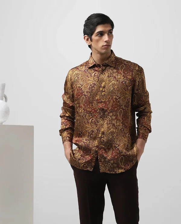 Rust/Maroon Cupro Silk Printed Full Sleeve Men's Slim Fit Shirt