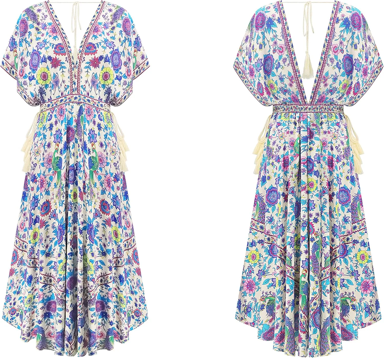 R.Vivimos Women Summer Print Deep V Neck Cotton Beach Long Dresses