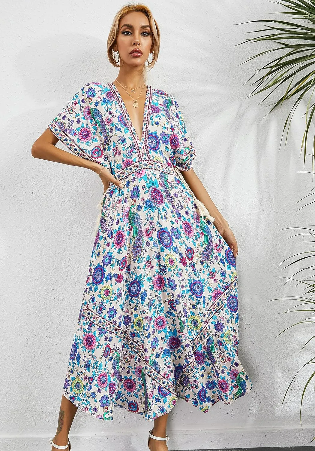 R.Vivimos Women Summer Print Deep V Neck Cotton Beach Long Dresses