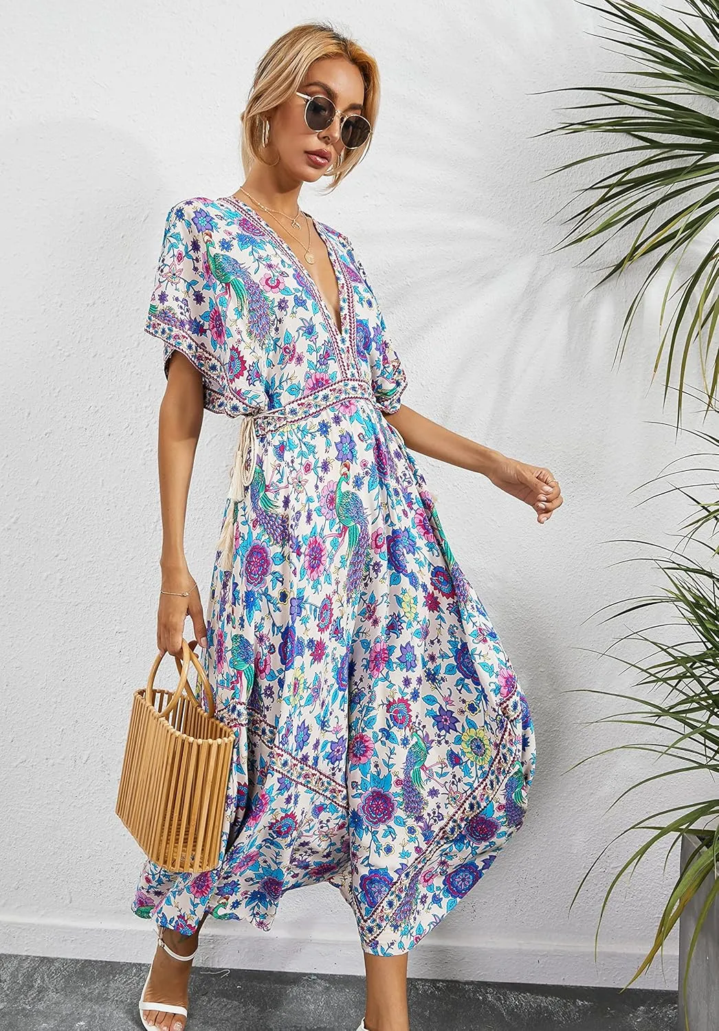 R.Vivimos Women Summer Print Deep V Neck Cotton Beach Long Dresses