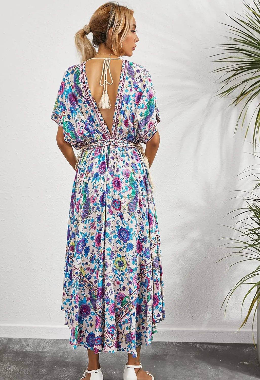 R.Vivimos Women Summer Print Deep V Neck Cotton Beach Long Dresses