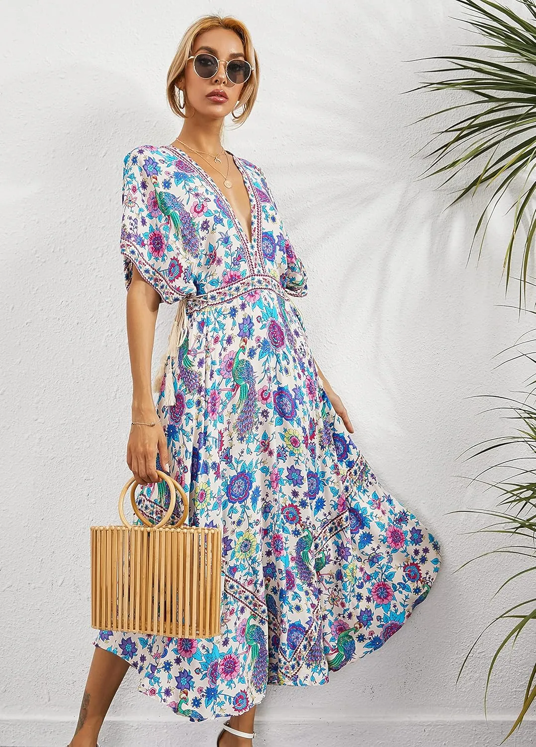 R.Vivimos Women Summer Print Deep V Neck Cotton Beach Long Dresses