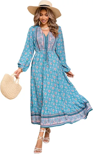 R.Vivimos Women's Long Sleeve Cotton V-Neck Button Up Floral Print Boho Flowy Midi Dresses