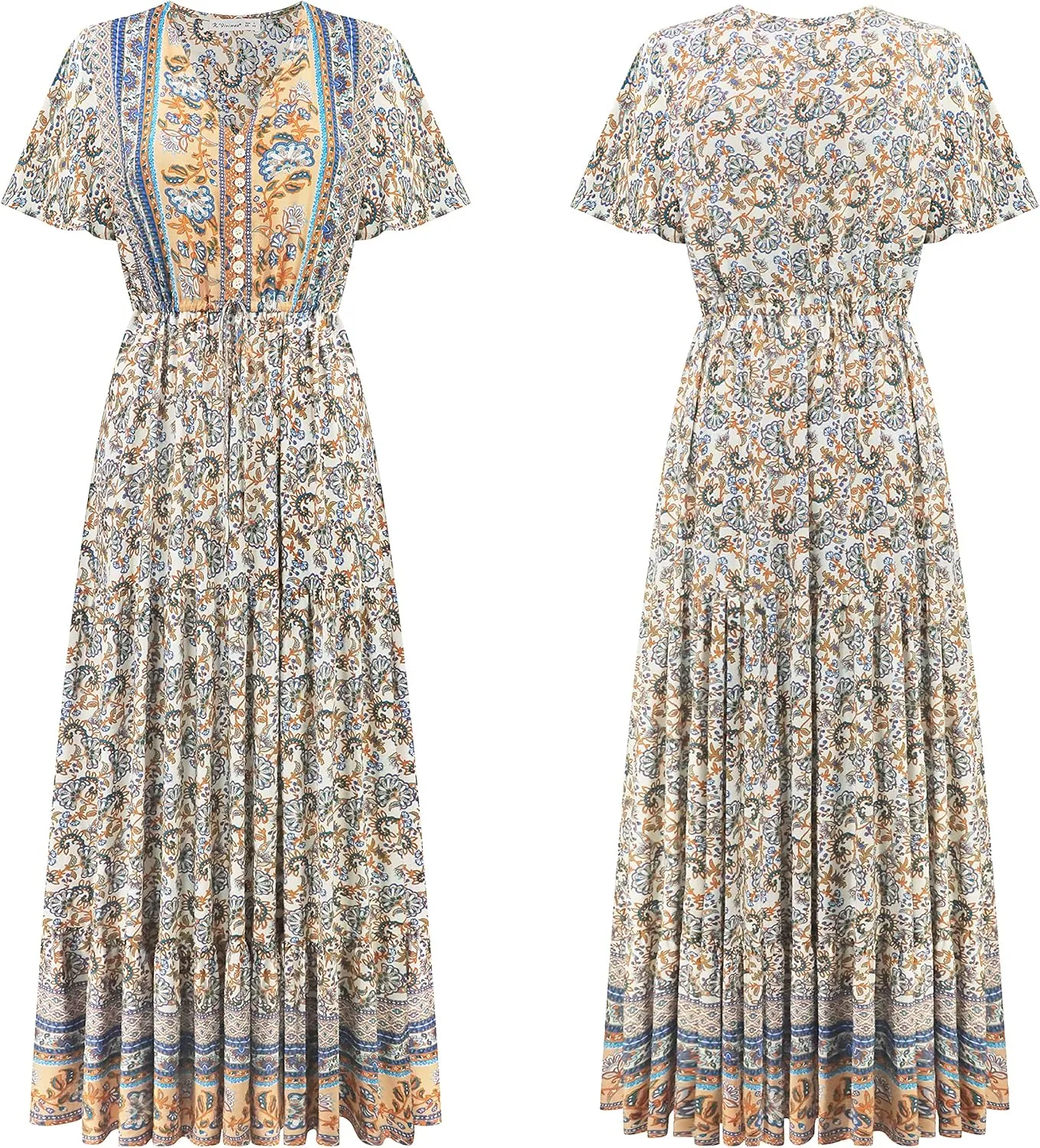 R.Vivimos Womens Summer Floral Print Cotton Short Sleeve Flowy Dress