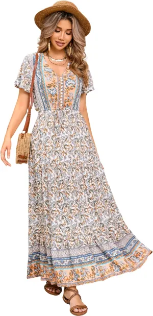 R.Vivimos Womens Summer Floral Print Cotton Short Sleeve Flowy Dress
